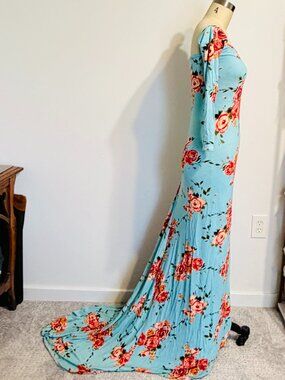 Double Knit Blue Tropical Print Maxi Dress w/ Train, sleeves, square neck S/M